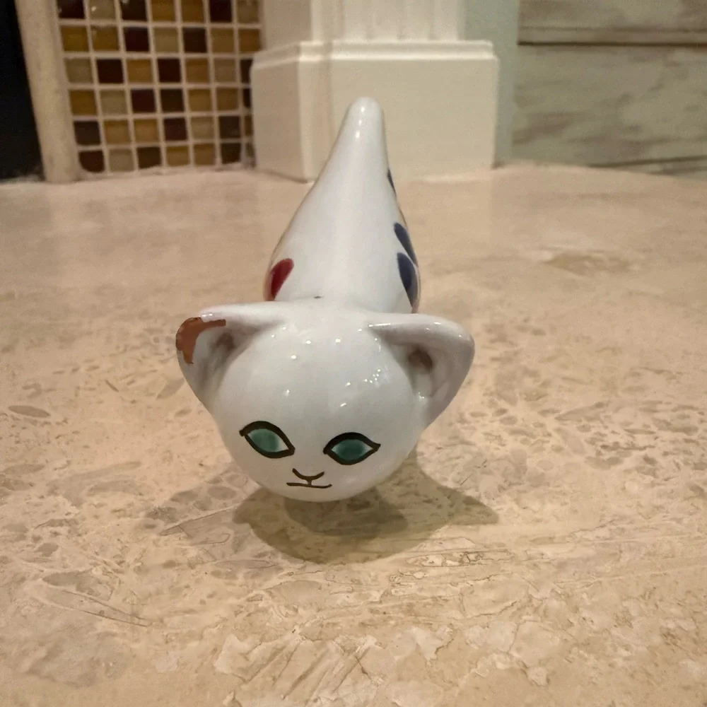Ceramic Handmade Cat Figurine - White with Multicolor Accents